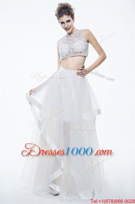Scoop Floor Length White Evening Dress Chiffon Sleeveless Beading and Lace