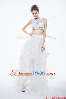 Scoop Floor Length White Evening Dress Chiffon Sleeveless Beading and Lace