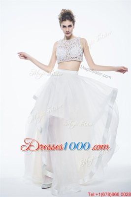 Scoop Floor Length White Evening Dress Chiffon Sleeveless Beading and Lace