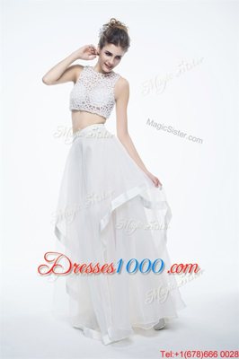 Scoop Floor Length White Evening Dress Chiffon Sleeveless Beading and Lace