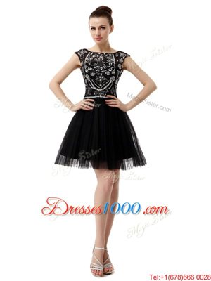 Dynamic Bateau Sleeveless Prom Dress Knee Length Beading Black Tulle