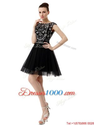 Dynamic Bateau Sleeveless Prom Dress Knee Length Beading Black Tulle