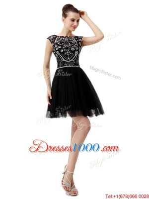 Dynamic Bateau Sleeveless Prom Dress Knee Length Beading Black Tulle
