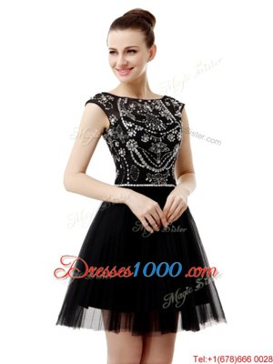 Dynamic Bateau Sleeveless Prom Dress Knee Length Beading Black Tulle