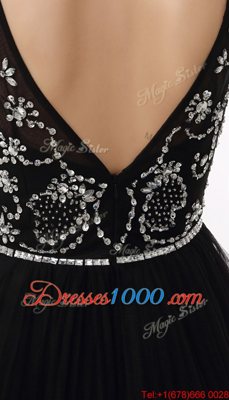 Dynamic Bateau Sleeveless Prom Dress Knee Length Beading Black Tulle