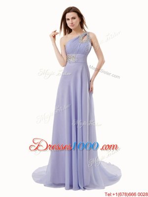 Colorful Floor Length Lavender Homecoming Dresses One Shoulder Sleeveless Brush Train Zipper