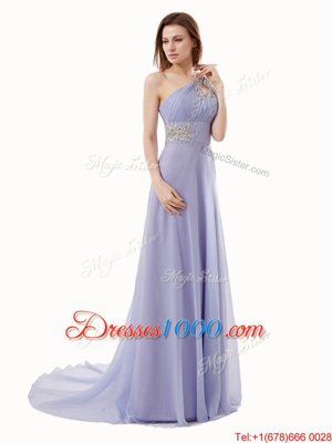 Colorful Floor Length Lavender Homecoming Dresses One Shoulder Sleeveless Brush Train Zipper