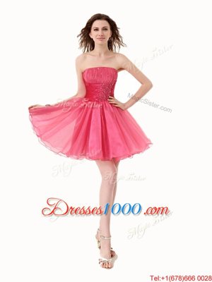 New Style Hot Pink Lace Up Strapless Beading Prom Dress Organza Sleeveless