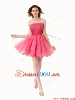 New Style Hot Pink Lace Up Strapless Beading Prom Dress Organza Sleeveless
