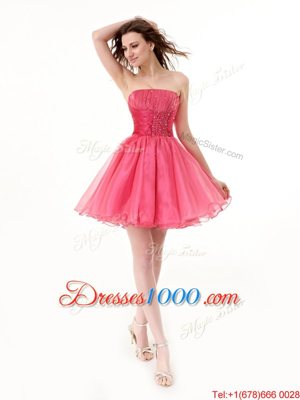 New Style Hot Pink Lace Up Strapless Beading Prom Dress Organza Sleeveless