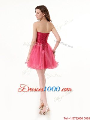 New Style Hot Pink Lace Up Strapless Beading Prom Dress Organza Sleeveless