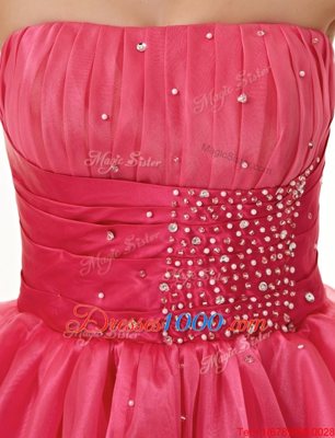 New Style Hot Pink Lace Up Strapless Beading Prom Dress Organza Sleeveless