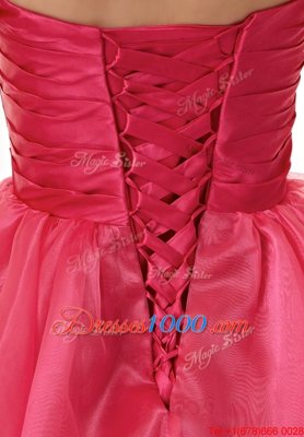 New Style Hot Pink Lace Up Strapless Beading Prom Dress Organza Sleeveless