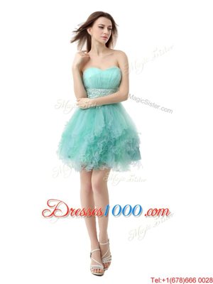High End Ruffled Mini Length Turquoise Prom Gown Sweetheart Sleeveless Zipper