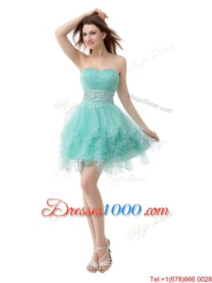 High End Ruffled Mini Length Turquoise Prom Gown Sweetheart Sleeveless Zipper