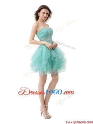 High End Ruffled Mini Length Turquoise Prom Gown Sweetheart Sleeveless Zipper