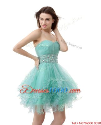 High End Ruffled Mini Length Turquoise Prom Gown Sweetheart Sleeveless Zipper