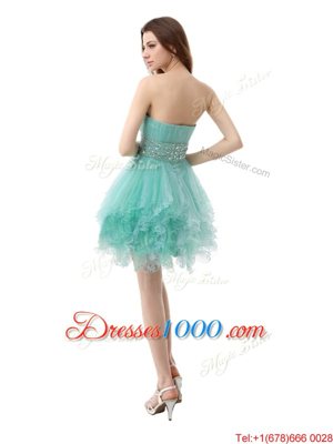 High End Ruffled Mini Length Turquoise Prom Gown Sweetheart Sleeveless Zipper