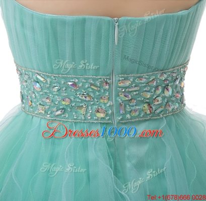 High End Ruffled Mini Length Turquoise Prom Gown Sweetheart Sleeveless Zipper