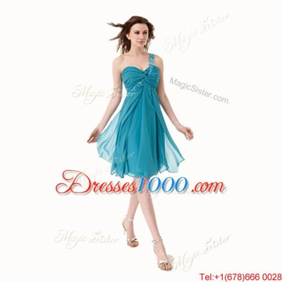 Clearance One Shoulder Teal Sleeveless Knee Length Beading and Ruffles Side Zipper Dress for Prom