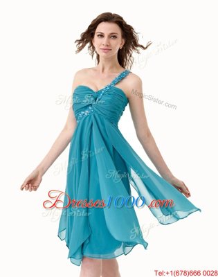 Clearance One Shoulder Teal Sleeveless Knee Length Beading and Ruffles Side Zipper Dress for Prom