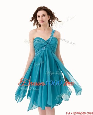 Clearance One Shoulder Teal Sleeveless Knee Length Beading and Ruffles Side Zipper Dress for Prom