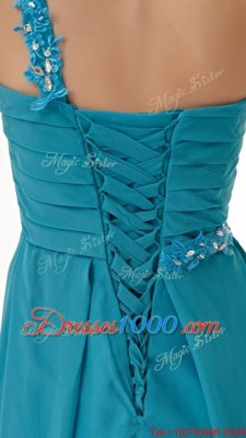 Clearance One Shoulder Teal Sleeveless Knee Length Beading and Ruffles Side Zipper Dress for Prom