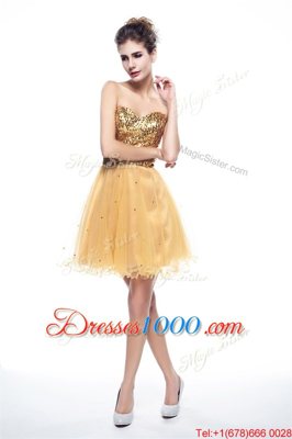 Gold Side Zipper Sweetheart Beading and Sequins Prom Dress Organza Sleeveless