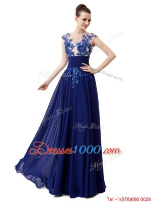 Popular Column/Sheath Evening Dress Blue High-neck Chiffon Cap Sleeves Floor Length Zipper