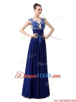 Popular Column/Sheath Evening Dress Blue High-neck Chiffon Cap Sleeves Floor Length Zipper