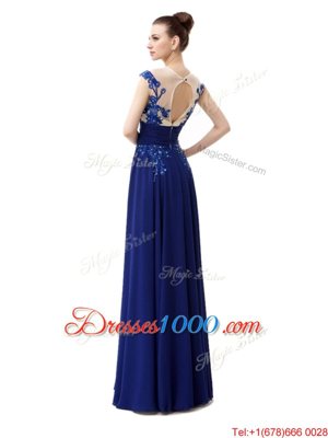 Popular Column/Sheath Evening Dress Blue High-neck Chiffon Cap Sleeves Floor Length Zipper