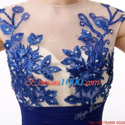 Popular Column/Sheath Evening Dress Blue High-neck Chiffon Cap Sleeves Floor Length Zipper