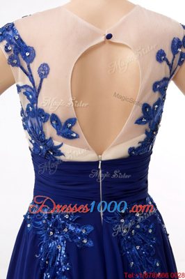 Popular Column/Sheath Evening Dress Blue High-neck Chiffon Cap Sleeves Floor Length Zipper