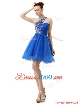 One Shoulder Royal Blue Criss Cross Evening Dress Beading Sleeveless Knee Length