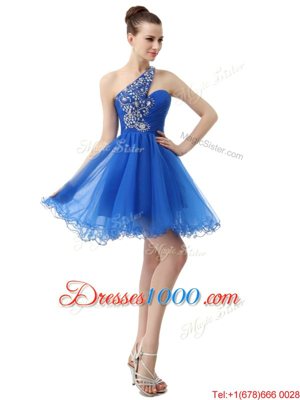 One Shoulder Royal Blue Criss Cross Evening Dress Beading Sleeveless Knee Length