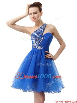 One Shoulder Royal Blue Criss Cross Evening Dress Beading Sleeveless Knee Length