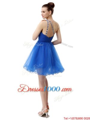One Shoulder Royal Blue Criss Cross Evening Dress Beading Sleeveless Knee Length