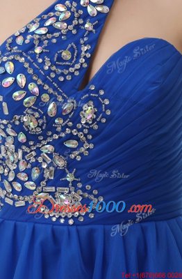 One Shoulder Royal Blue Criss Cross Evening Dress Beading Sleeveless Knee Length