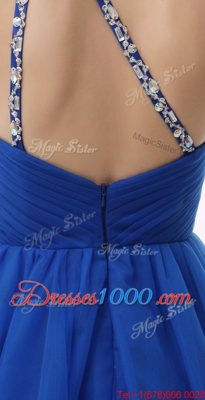 One Shoulder Royal Blue Criss Cross Evening Dress Beading Sleeveless Knee Length