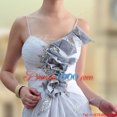 Modern Floor Length Silver Prom Party Dress Chiffon Sleeveless Beading and Ruching