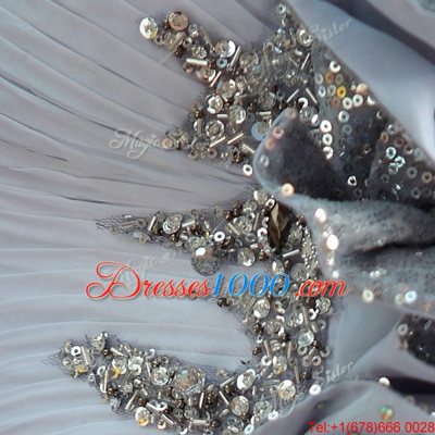 Modern Floor Length Silver Prom Party Dress Chiffon Sleeveless Beading and Ruching