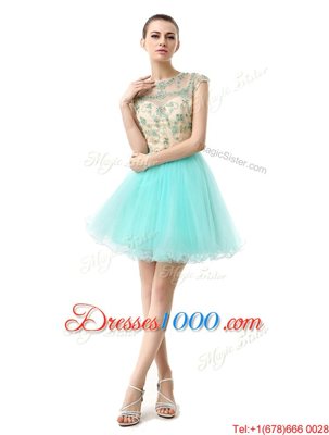 Noble Scoop Beading Juniors Party Dress Aqua Blue Zipper Sleeveless Knee Length