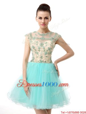 Noble Scoop Beading Juniors Party Dress Aqua Blue Zipper Sleeveless Knee Length