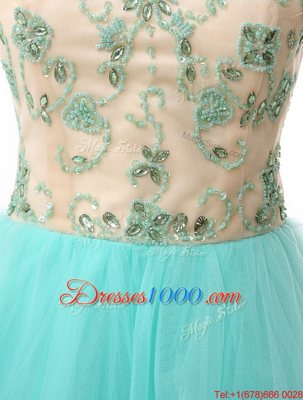 Noble Scoop Beading Juniors Party Dress Aqua Blue Zipper Sleeveless Knee Length