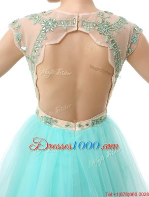 Noble Scoop Beading Juniors Party Dress Aqua Blue Zipper Sleeveless Knee Length