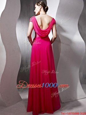 Scoop Hot Pink Cap Sleeves Chiffon Side Zipper Prom Gown for Prom and Party