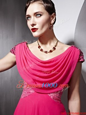 Scoop Hot Pink Cap Sleeves Chiffon Side Zipper Prom Gown for Prom and Party