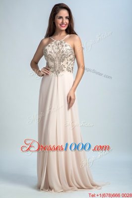 Inexpensive Sequins Spaghetti Straps Sleeveless Backless Prom Evening Gown Pink Chiffon