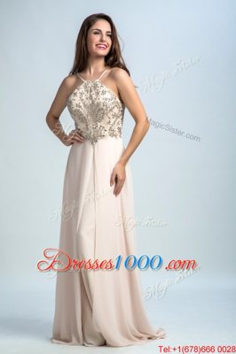 Inexpensive Sequins Spaghetti Straps Sleeveless Backless Prom Evening Gown Pink Chiffon