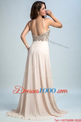 Inexpensive Sequins Spaghetti Straps Sleeveless Backless Prom Evening Gown Pink Chiffon